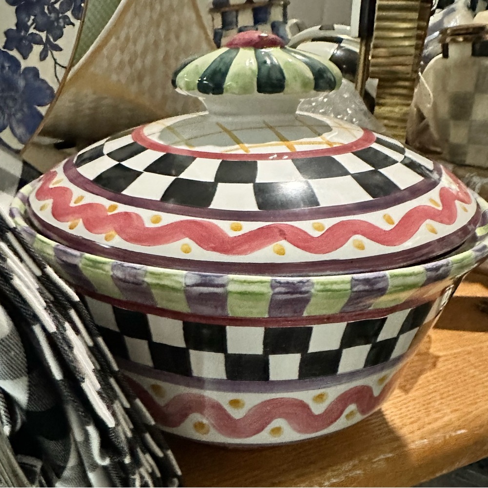 MacKenzie-Childs Multicolor round Picadilly Ceramic Bowl with Lid
